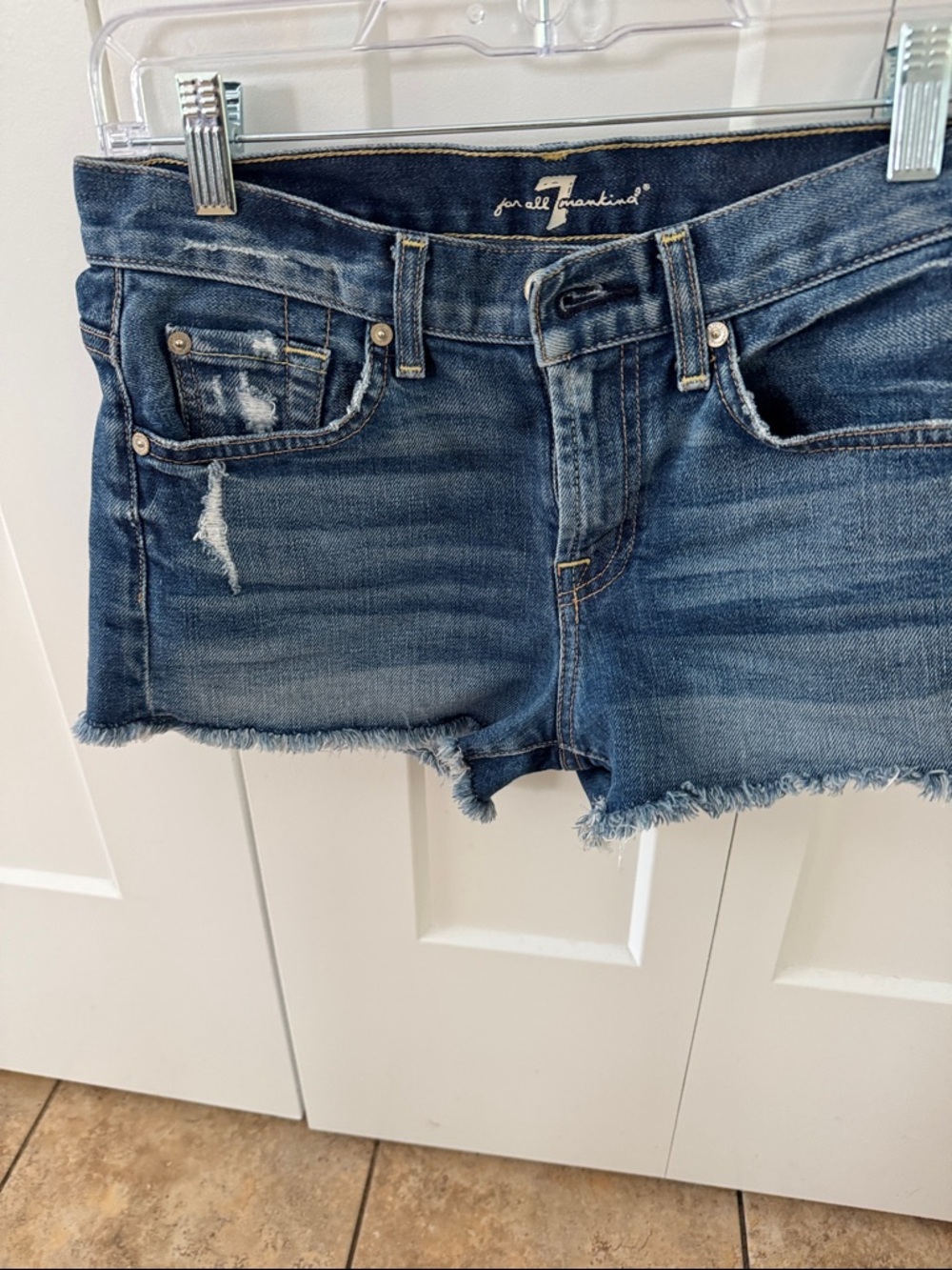 7 For All Mankind Distressed Denim Cutoff Shorts - Medium Blue Wash